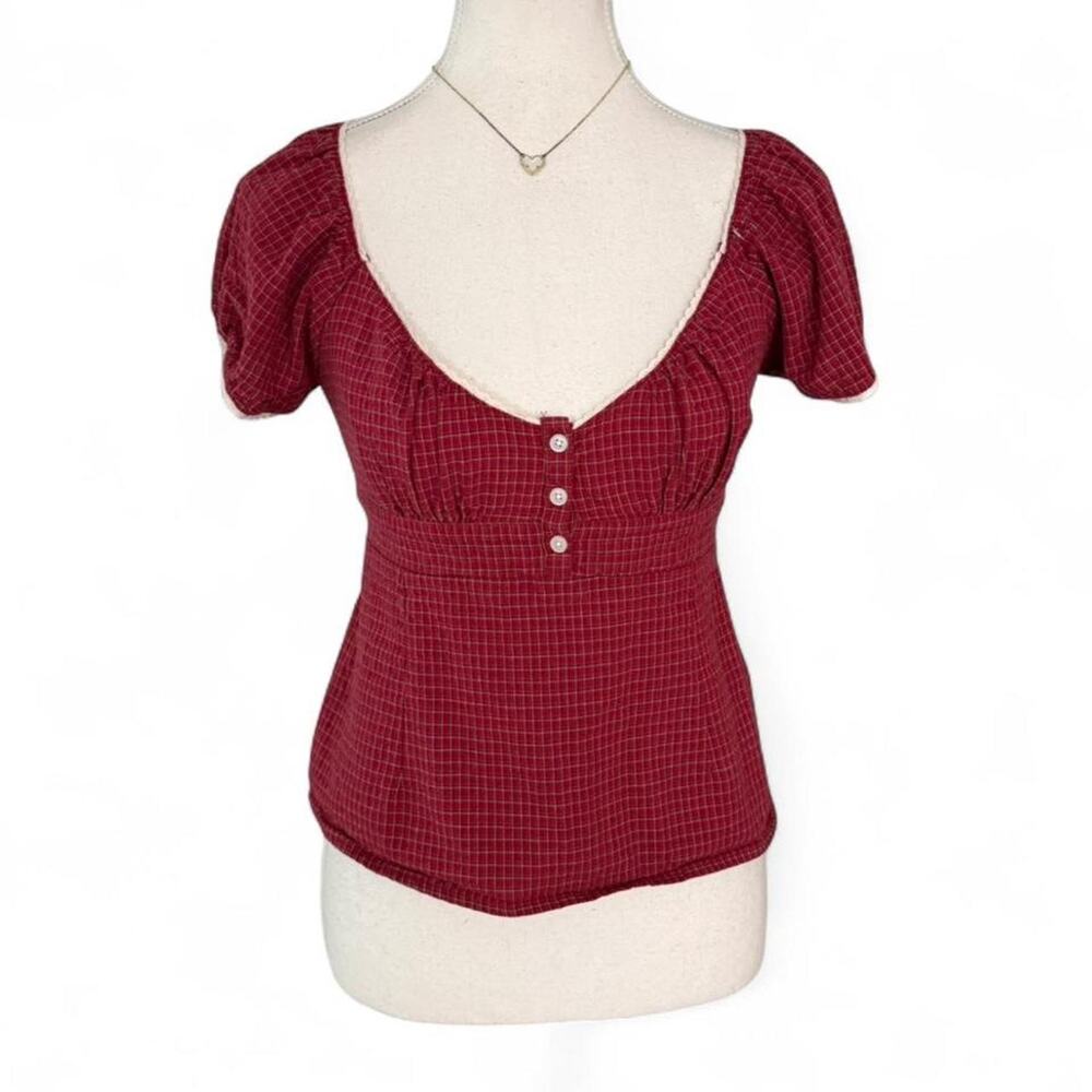 Brandy Melville red plaid button up baby doll top 100% Cotton One size XS-Small